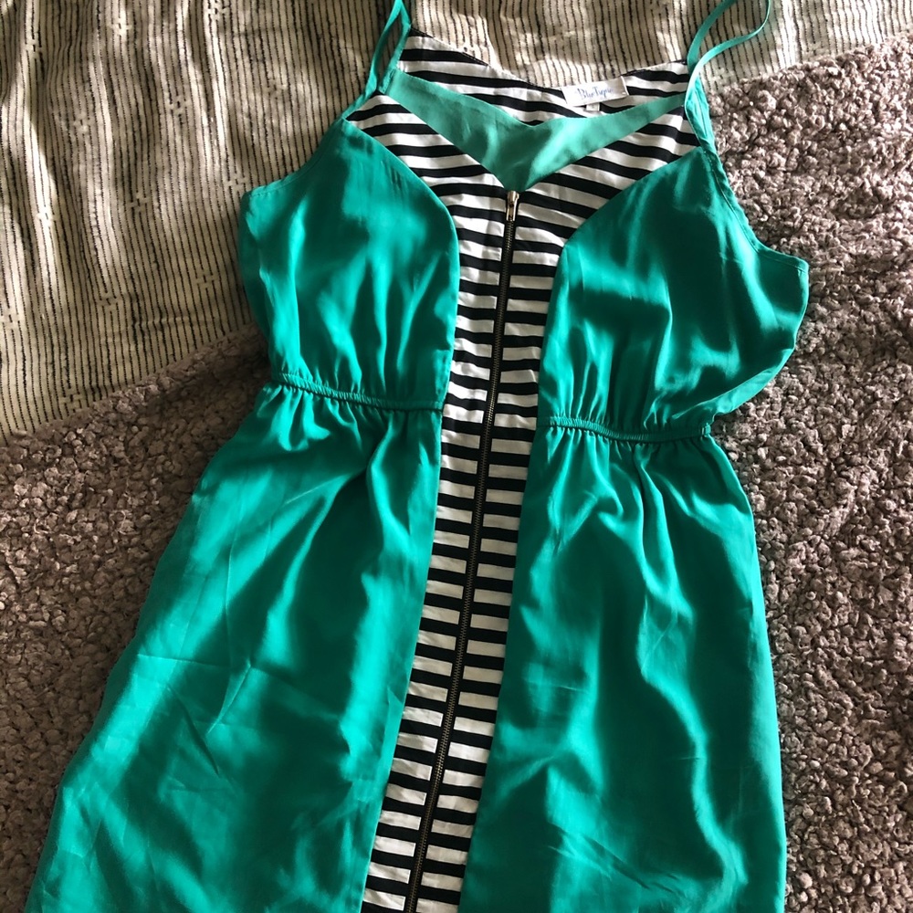 Teal Dress with Black & White Stripes